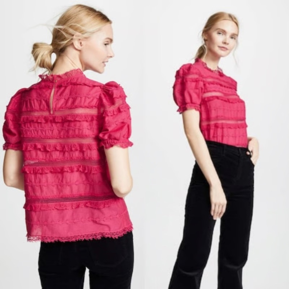 Ulla Johnson Desi Pink Puff Sleeve Top Fuchsia Ruffle $195
